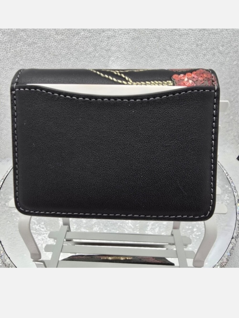 Coach Mini Wallat On A Chain Sequined Cherry Print Black Leather Crossbody - Picture 2 of 14